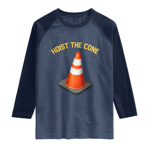 Vintage Hoist The Cone Victory Graphic Raglan Shirt Funny Baseball Fan Pride Celebration IYKYK Meme TS02 Heather Denim Navy Print Your Wear