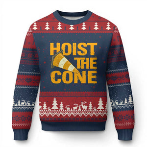 Vintage Hoist The Cone Distressed Graphic Ugly Christmas Sweater Funny Sports Meme Baseball Fan Victory Celebration TS02 Navy Red Print Your Wear