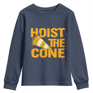 Vintage Hoist The Cone Distressed Graphic Youth Sweatshirt Funny Sports Meme Baseball Fan Victory Celebration TS02 Navy Print Your Wear