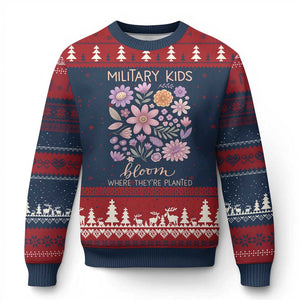 Military Kids Bloom Where They are Planted Ugly Christmas Sweater Purple Up Month of the Military Child Floral Empowerment TS02 Navy Red Print Your Wear
