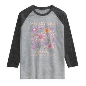 Military Kids Bloom Where They are Planted Raglan Shirt Purple Up Month of the Military Child Floral Empowerment TS02 Heather Gray Heather Charcoal Print Your Wear