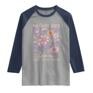 Military Kids Bloom Where They are Planted Raglan Shirt Purple Up Month of the Military Child Floral Empowerment TS02 Sport Gray Navy Print Your Wear