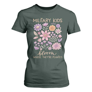 Military Kids Bloom Where They are Planted T Shirt For Women Purple Up Month of the Military Child Floral Empowerment TS02 Dark Forest Green Print Your Wear