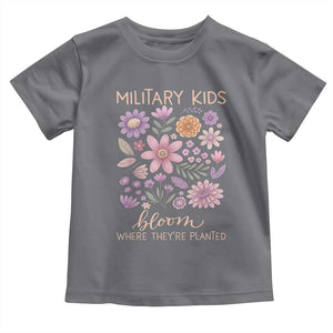 Military Kids Bloom Where They are Planted Toddler T Shirt Purple Up Month of the Military Child Floral Empowerment TS02 Charcoal Print Your Wear