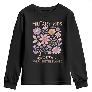 Military Kids Bloom Where They are Planted Youth Sweatshirt Purple Up Month of the Military Child Floral Empowerment TS02 Black Print Your Wear