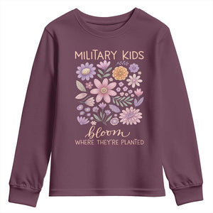 Military Kids Bloom Where They are Planted Youth Sweatshirt Purple Up Month of the Military Child Floral Empowerment TS02 Maroon Print Your Wear