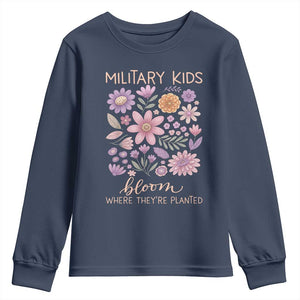 Military Kids Bloom Where They are Planted Youth Sweatshirt Purple Up Month of the Military Child Floral Empowerment TS02 Navy Print Your Wear