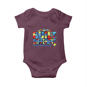 Built Different Autism Acceptance Puzzle Piece Graphic Baby Onesie Inspirational Neurodiversity Support TS02 Maroon Print Your Wear