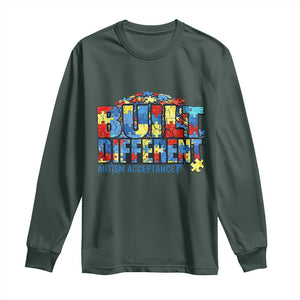 Built Different Autism Acceptance Puzzle Piece Graphic Long Sleeve Shirt Inspirational Neurodiversity Support TS02 Dark Forest Green Print Your Wear