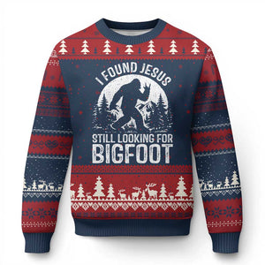 Funny Christian Sasquatch Ugly Christmas Sweater I Found Jesus Still Looking for Bigfoot Vintage Distressed Graphic TS02 Navy Red Print Your Wear