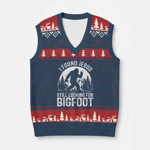 Funny Christian Sasquatch V-Neck Knit Sweater Vest I Found Jesus Still Looking for Bigfoot Vintage Distressed Graphic TS02 Navy Red Print Your Wear