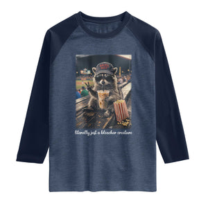 Literally Just A Bleacher Creature Funny Raccoon Baseball Graphic Raglan Shirt Cool Game Day Fan Gift TS02 Heather Denim Navy Print Your Wear