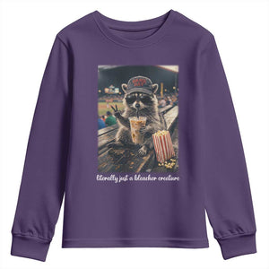 Literally Just A Bleacher Creature Funny Raccoon Baseball Graphic Youth Sweatshirt Cool Game Day Fan Gift TS02 Purple Print Your Wear
