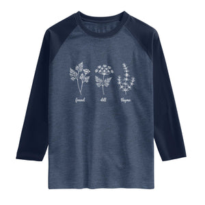 Fennel Dill Thyme Subtle FDT Raglan Shirt Botanical Herb Line Art Political Satire TS02 Heather Denim Navy Print Your Wear