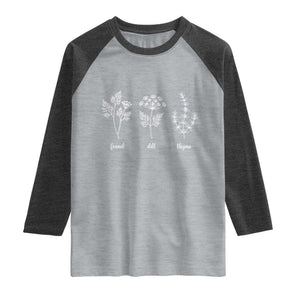 Fennel Dill Thyme Subtle FDT Raglan Shirt Botanical Herb Line Art Political Satire TS02 Heather Gray Heather Charcoal Print Your Wear
