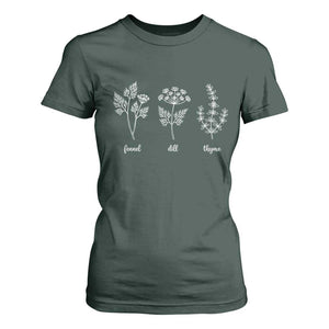 Fennel Dill Thyme Subtle FDT T Shirt For Women Botanical Herb Line Art Political Satire TS02 Dark Forest Green Print Your Wear