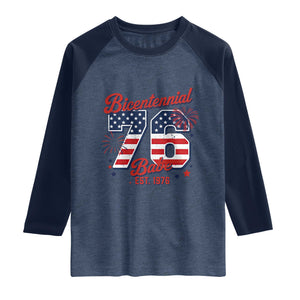 Retro Bicentennial Babe Est 1976 Raglan Shirt 4th of July 50th Birthday Gift TS02 Heather Denim Navy Print Your Wear