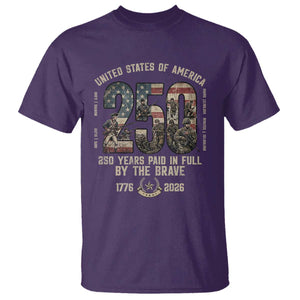 America 250 Years Paid In Full By The Brave T Shirt Patriotic Military Remembrance USA Semiquincentennial TS02 Purple Print Your Wear
