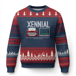 Xennial Typewriter and Computer Screen Ugly Christmas Sweater Analog Childhood Digital Adulthood TS02 Navy Red Print Your Wear