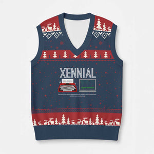 Xennial Typewriter and Computer Screen V-Neck Knit Sweater Vest Analog Childhood Digital Adulthood TS02 Navy Red Print Your Wear