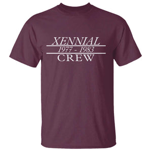 Xennial Crew 1977 to 1983 T Shirt Minimalist Bold Typography Graphic TS02 Maroon Print Your Wear