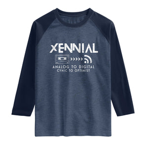 Funny Xennial Analog To Digital Raglan Shirt Cassette Tape to Internet Cynic to Optimist TS02 Heather Denim Navy Print Your Wear