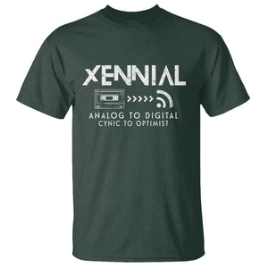 Funny Xennial Analog To Digital T Shirt Cassette Tape to Internet Cynic to Optimist TS02 Dark Forest Green Print Your Wear