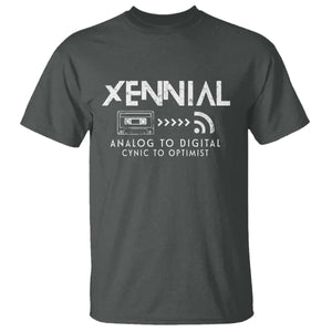 Funny Xennial Analog To Digital T Shirt Cassette Tape to Internet Cynic to Optimist TS02 Dark Heather Print Your Wear