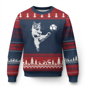 Vintage Sketch Soccer Cat Graphic Ugly Christmas Sweater Kitten Kicking Football Sports Lover TS02 Navy Red Print Your Wear