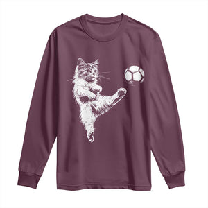 Vintage Sketch Soccer Cat Graphic Long Sleeve Shirt Kitten Kicking Football Sports Lover TS02 Maroon Print Your Wear