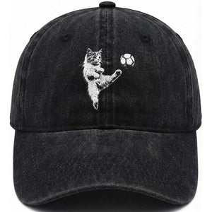 Vintage Sketch Soccer Cat Graphic Washed Cotton Baseball Cap Kitten Kicking Football Sports Lover TS02 Print Your Wear