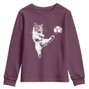 Vintage Sketch Soccer Cat Graphic Youth Sweatshirt Kitten Kicking Football Sports Lover TS02 Maroon Print Your Wear