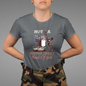 Female Veteran T Shirt Not A Pepper Spray Kind Of Girl American Flag Combat Boots TS02 Dark Heather Printyourwear