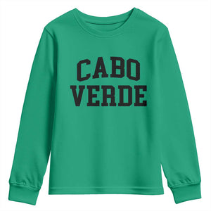Cabo Verde Returns Home National Pride Varsity Style Youth Sweatshirt Cape Verde Minimalist Text Graphic TS02 Irish Green Print Your Wear