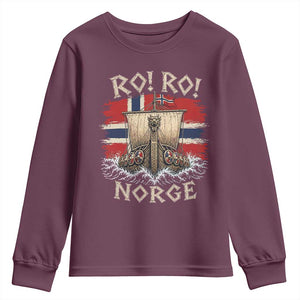 Retro Norge Viking Longship Ro Ro Youth Sweatshirt Patriotic Norge Norwegian Flag Funny Rowing Support TS02 Maroon Print Your Wear