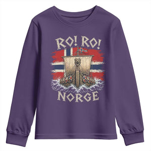 Retro Norge Viking Longship Ro Ro Youth Sweatshirt Patriotic Norge Norwegian Flag Funny Rowing Support TS02 Purple Print Your Wear