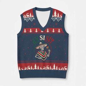 Funny Y Si Si Mexican Skeleton V-Neck Knit Sweater Vest What If Yes Mexico Sombrero Poncho Fiesta Graphic TS02 Navy Red Print Your Wear