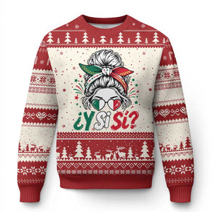 Y Si Si Mexican Flag Messy Bun with Sunglasses Graphic Ugly Christmas Sweater What If Yes Mexico Latina Pride TS02 Beige Red Print Your Wear