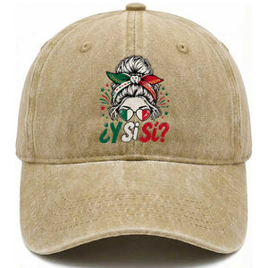 Y Si Si Mexican Flag Messy Bun with Sunglasses Graphic Washed Cotton Baseball Cap What If Yes Mexico Latina Pride TS02 Print Your Wear
