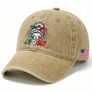 Y Si Si Mexican Flag Messy Bun with Sunglasses Graphic Washed Cotton Baseball Cap What If Yes Mexico Latina Pride TS02 Print Your Wear