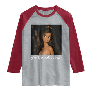 Yall Need Jesus Funny Doll Side Eye Meme Raglan Shirt Sarcastic Southern Humor Religion Faith TS02 Heather Gray Heather Red Print Your Wear