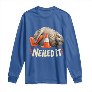 Funny Neil The Seal Nailed It Meme Long Sleeve Shirt Cute Chaotic Viral Elephant Seal Traffic Cone Pun TS02 Royal Blue Print Your Wear
