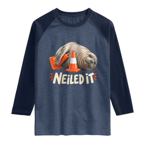 Funny Neil The Seal Nailed It Meme Raglan Shirt Cute Chaotic Viral Elephant Seal Traffic Cone Pun TS02 Heather Denim Navy Print Your Wear