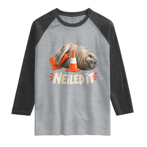 Funny Neil The Seal Nailed It Meme Raglan Shirt Cute Chaotic Viral Elephant Seal Traffic Cone Pun TS02 Heather Gray Heather Charcoal Print Your Wear