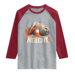 Funny Neil The Seal Nailed It Meme Raglan Shirt Cute Chaotic Viral Elephant Seal Traffic Cone Pun TS02 Heather Gray Heather Red Print Your Wear