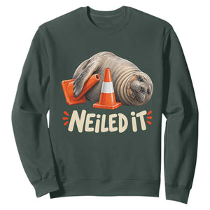 Funny Neil The Seal Nailed It Meme Sweatshirt Cute Chaotic Viral Elephant Seal Traffic Cone Pun TS02 Dark Forest Green Print Your Wear