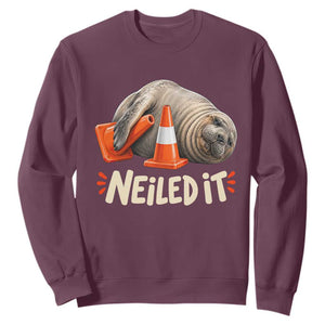 Funny Neil The Seal Nailed It Meme Sweatshirt Cute Chaotic Viral Elephant Seal Traffic Cone Pun TS02 Maroon Print Your Wear