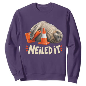 Funny Neil The Seal Nailed It Meme Sweatshirt Cute Chaotic Viral Elephant Seal Traffic Cone Pun TS02 Purple Print Your Wear
