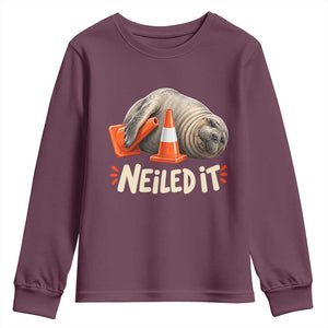 Funny Neil The Seal Nailed It Meme Youth Sweatshirt Cute Chaotic Viral Elephant Seal Traffic Cone Pun TS02 Maroon Print Your Wear
