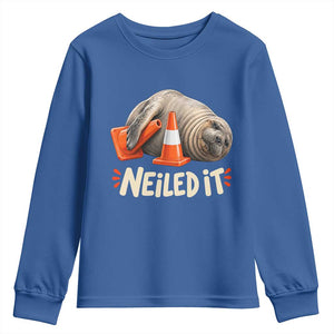 Funny Neil The Seal Nailed It Meme Youth Sweatshirt Cute Chaotic Viral Elephant Seal Traffic Cone Pun TS02 Royal Blue Print Your Wear